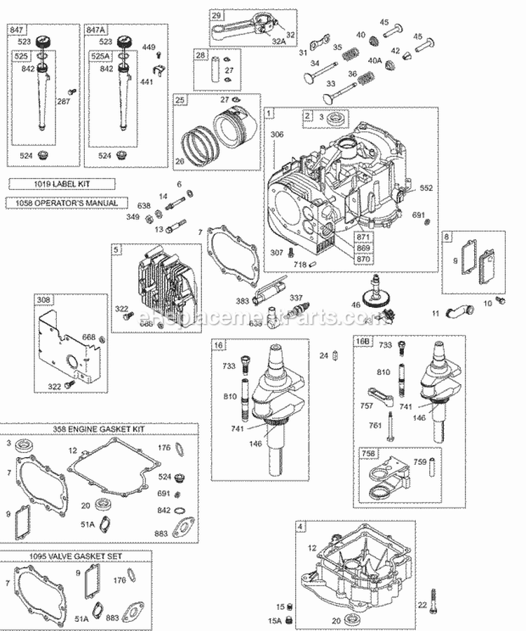 Cylinder Oil Crankshaft Sump Cam Piston Gaskets Diagram and Parts List for 289707-0150-01  Briggs and Stratton Engine